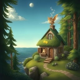 A whimsical scene depicting a house in the forest on the edge of the sea