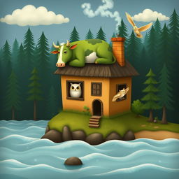 A whimsical scene depicting a house in the forest on the edge of the sea