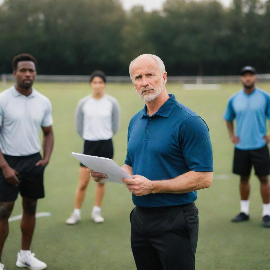 An inspiring coach, standing in the middle of a sports field, clipboard in hand. Their gaze is centered, giving motivational guidance to a diverse team of athletes preparing for the next big game.