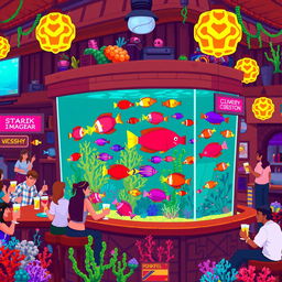 a vibrant and bustling pixellated bar scene with an aquatic theme, featuring a variety of brightly colored fish swimming around in a cleverly designed tank integrated into the bar counter