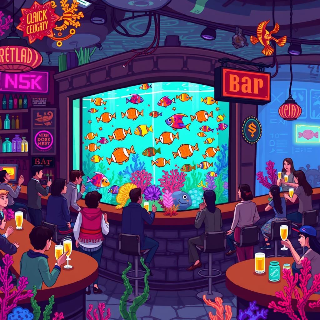 a vibrant and bustling pixellated bar scene with an aquatic theme, featuring a variety of brightly colored fish swimming around in a cleverly designed tank integrated into the bar counter