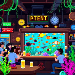 a vibrant and bustling pixellated bar scene with an aquatic theme, featuring a variety of brightly colored fish swimming around in a cleverly designed tank integrated into the bar counter