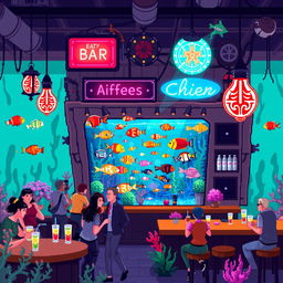 a vibrant and bustling pixellated bar scene with an aquatic theme, featuring a variety of brightly colored fish swimming around in a cleverly designed tank integrated into the bar counter