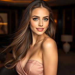 A beautiful and sexy young woman in her 20s with an alluring gaze, wearing a fashionable and elegant dress