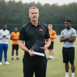 An inspiring coach, standing in the middle of a sports field, clipboard in hand. Their gaze is centered, giving motivational guidance to a diverse team of athletes preparing for the next big game.