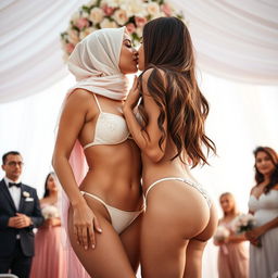 A romantic scene featuring two women: a white-skinned 35-year-old Arab Muslim woman with a chesty, hourglass figure and long hair, wearing a bikini swimsuit, and a European-looking woman with an hourglass body type and long hairstyle, also in a bikini swimsuit