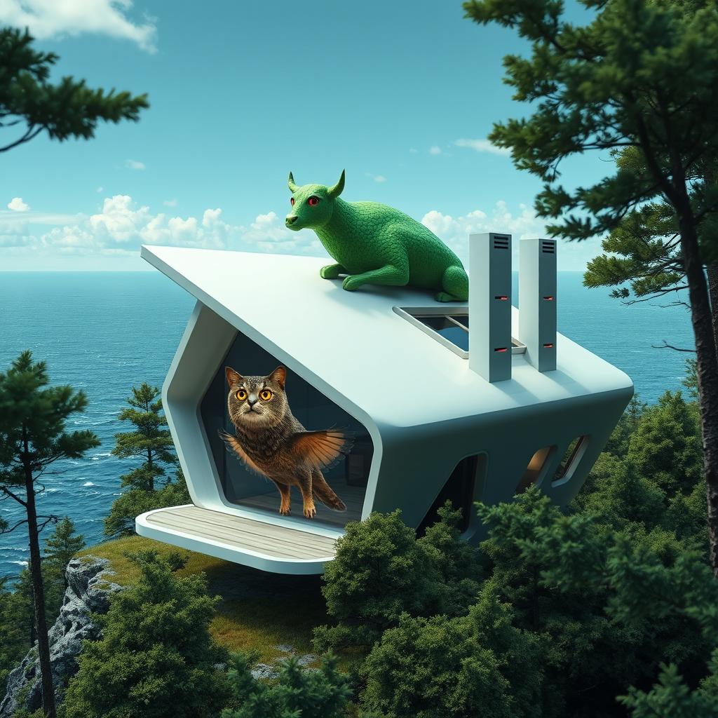 A high-tech styled scene depicting a house in the forest on the edge of the sea