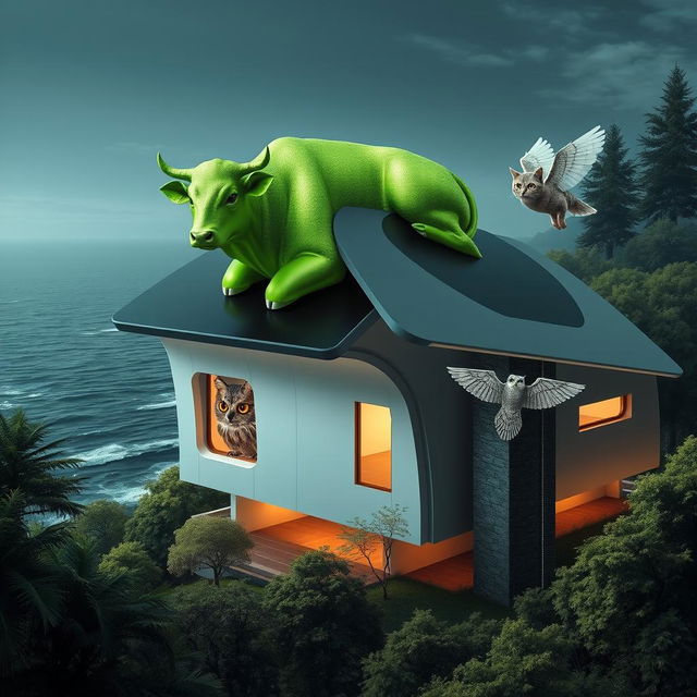 A high-tech styled scene depicting a house in the forest on the edge of the sea