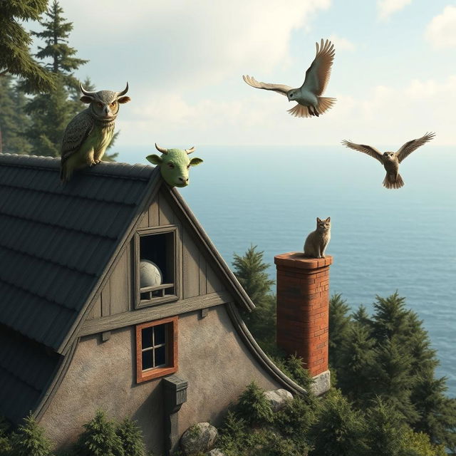 A realistic scene showcasing a house nestled in a forest on the edge of the sea