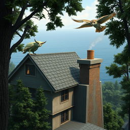 A realistic scene showcasing a house nestled in a forest on the edge of the sea