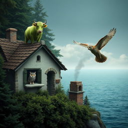 A realistic scene showcasing a house nestled in a forest on the edge of the sea