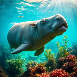 A captivating image of a sea cow, gracefully swimming in crystal clear waters