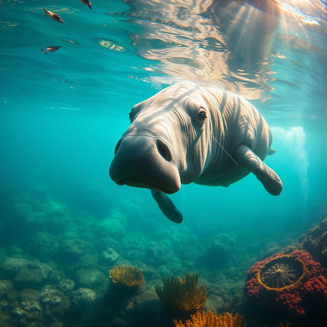 A captivating image of a sea cow, gracefully swimming in crystal clear waters