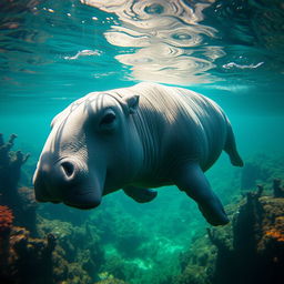 A captivating image of a sea cow, gracefully swimming in crystal clear waters