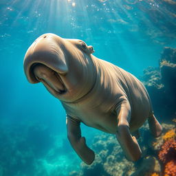 A captivating image of a sea cow, gracefully swimming in crystal clear waters