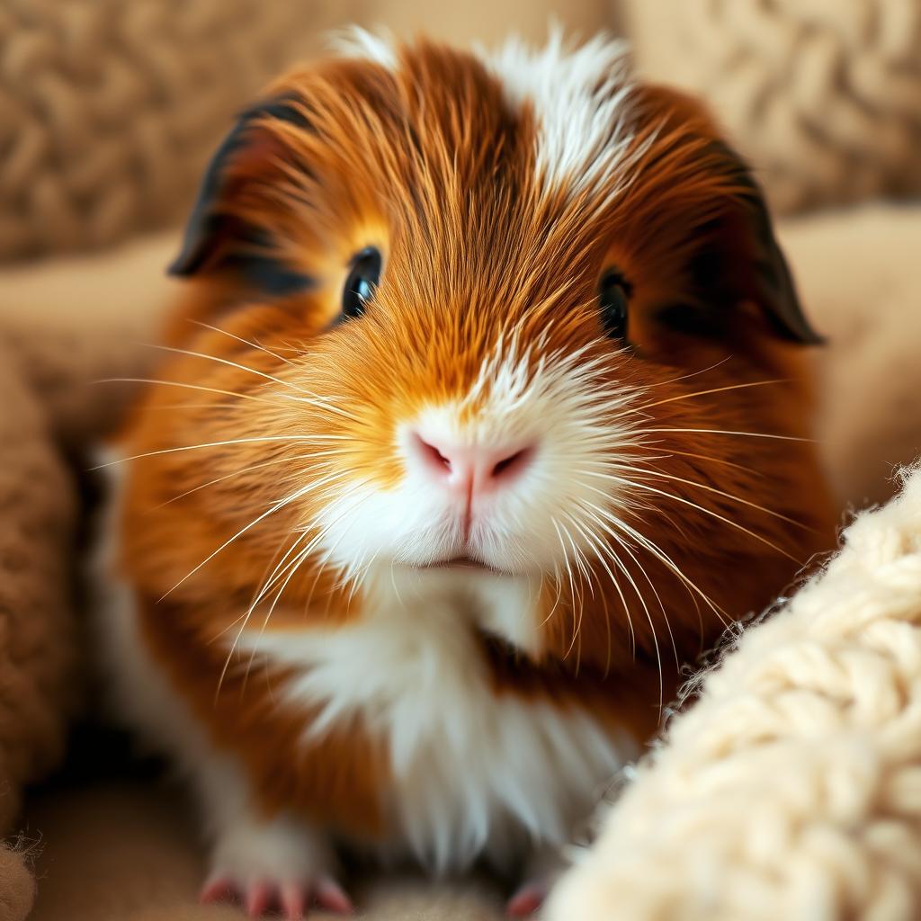 A charming portrait of a guinea pig with a fluffy coat, captured in a cozy setting