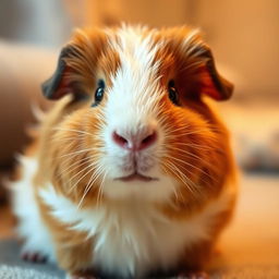 A charming portrait of a guinea pig with a fluffy coat, captured in a cozy setting