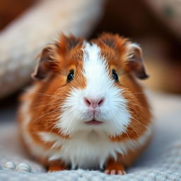 A charming portrait of a guinea pig with a fluffy coat, captured in a cozy setting