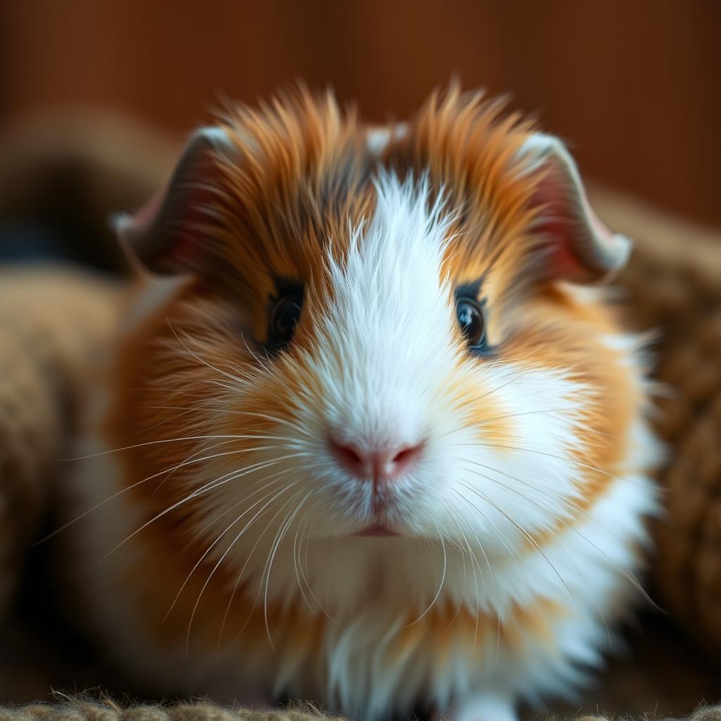 A charming portrait of a guinea pig with a fluffy coat, captured in a cozy setting