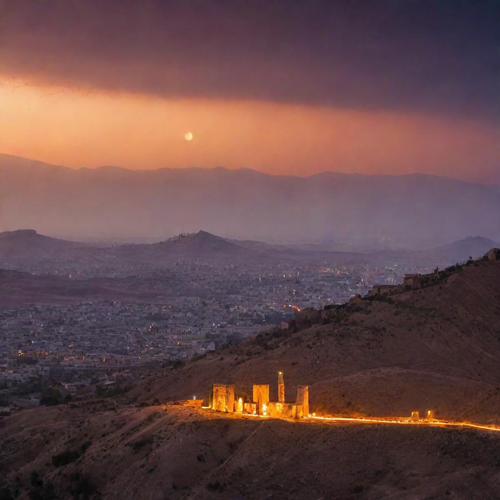 A stunning sunrise over the hilly landscapes of Iran, with an ancient Persian architecture in the foreground, and the sky lightening from deep purple to a warm, glowing orange.