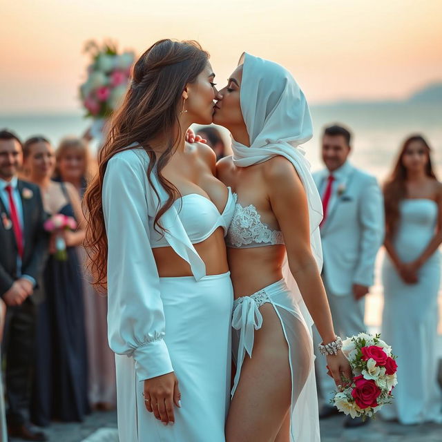 A romantic scene featuring two white-skinned women; one is a busty 35-year-old Arab Muslim woman with an hourglass figure, wearing a bikini swimsuit with long hair cascading down her back