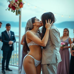 A romantic scene featuring two white-skinned women; one is a busty 35-year-old Arab Muslim woman with an hourglass figure, wearing a bikini swimsuit with long hair cascading down her back