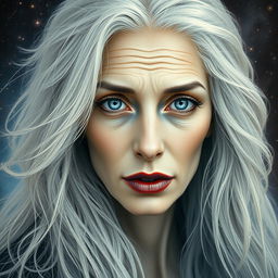 An extraordinary artistic depiction of an ancient yet youthful-looking woman with ethereal white hair cascading around her