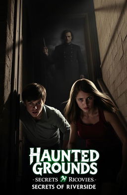 A thrilling scene from "Haunted Grounds: Secrets of Riverside" featuring Ethan and Lily exploring a dark, abandoned mansion in Asheville, North Carolina