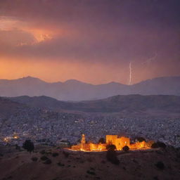 A stunning sunrise over the hilly landscapes of Iran, with an ancient Persian architecture in the foreground, and the sky lightening from deep purple to a warm, glowing orange.