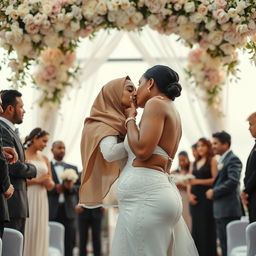 A romantic wedding scene featuring a 35-year-old, chesty Muslim woman with white skin, wearing a bikini-style bridal swimsuit