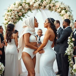 A romantic wedding scene featuring a 35-year-old, chesty Muslim woman with white skin, wearing a bikini-style bridal swimsuit