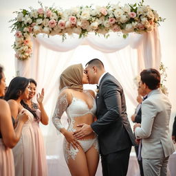 A romantic wedding scene featuring a 35-year-old, chesty Muslim woman with white skin, wearing a bikini-style bridal swimsuit