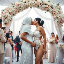 A romantic wedding scene featuring a 35-year-old, chesty Muslim woman with white skin, wearing a bikini-style bridal swimsuit