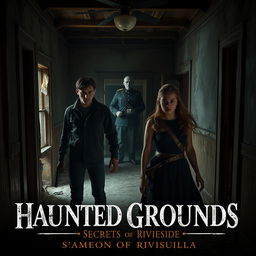 A realistic depiction of a scene from "Haunted Grounds: Secrets of Riverside" featuring Ethan and Lily inside a genuinely dilapidated, abandoned mansion in Asheville, North Carolina