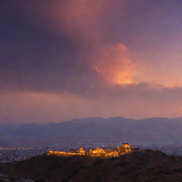 A stunning sunrise over the hilly landscapes of Iran, with an ancient Persian architecture in the foreground, and the sky lightening from deep purple to a warm, glowing orange.