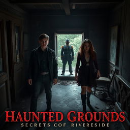 A realistic depiction of a scene from "Haunted Grounds: Secrets of Riverside" featuring Ethan and Lily inside a genuinely dilapidated, abandoned mansion in Asheville, North Carolina
