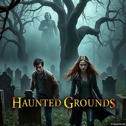 A chilling scene from "Haunted Grounds: Secrets of Riverside" depicting Ethan and Lily in an old, overgrown cemetery in Asheville, North Carolina