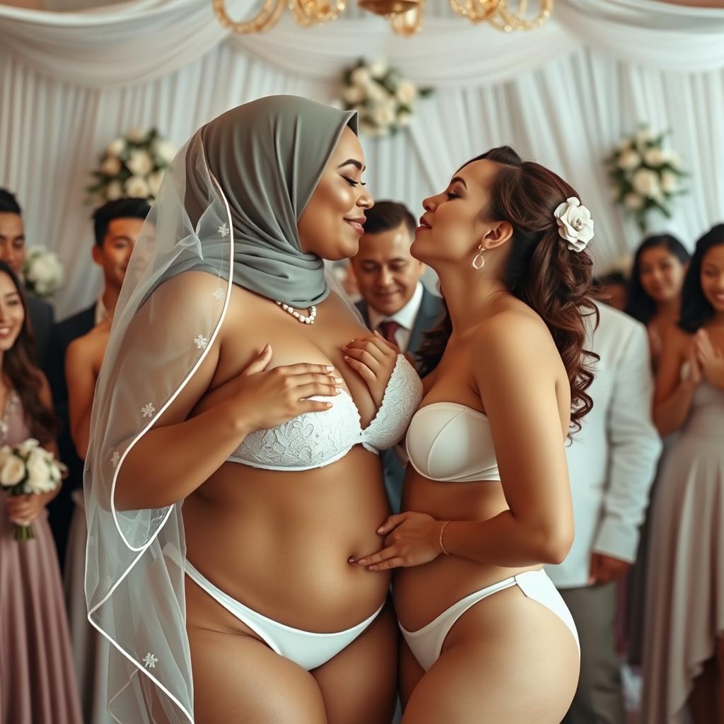 A romantic scene featuring two white-skinned women in a wedding setting