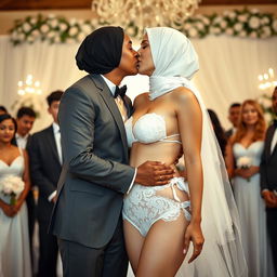 A romantic scene featuring two white-skinned women in a wedding setting