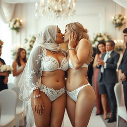 A romantic scene featuring two white-skinned women in a wedding setting