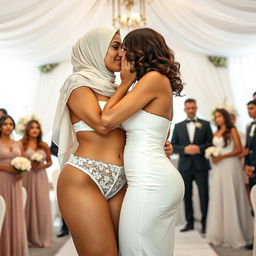 A romantic scene featuring two white-skinned women in a wedding setting