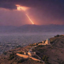 A stunning sunrise over the hilly landscapes of Iran, with an ancient Persian architecture in the foreground, and the sky lightening from deep purple to a warm, glowing orange.