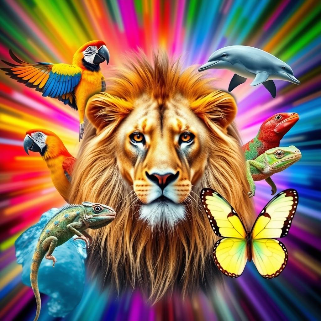 A vibrant and colorful YouTube thumbnail featuring a collage of diverse and curious animals without any text