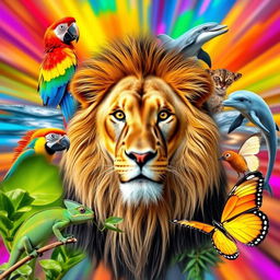 A vibrant and colorful YouTube thumbnail featuring a collage of diverse and curious animals without any text