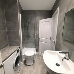 A compact bathroom featuring a shower and a large sink, equipped with a washing machine but no toilet