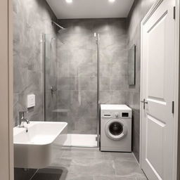 A compact bathroom featuring a shower and a large sink, equipped with a washing machine but no toilet