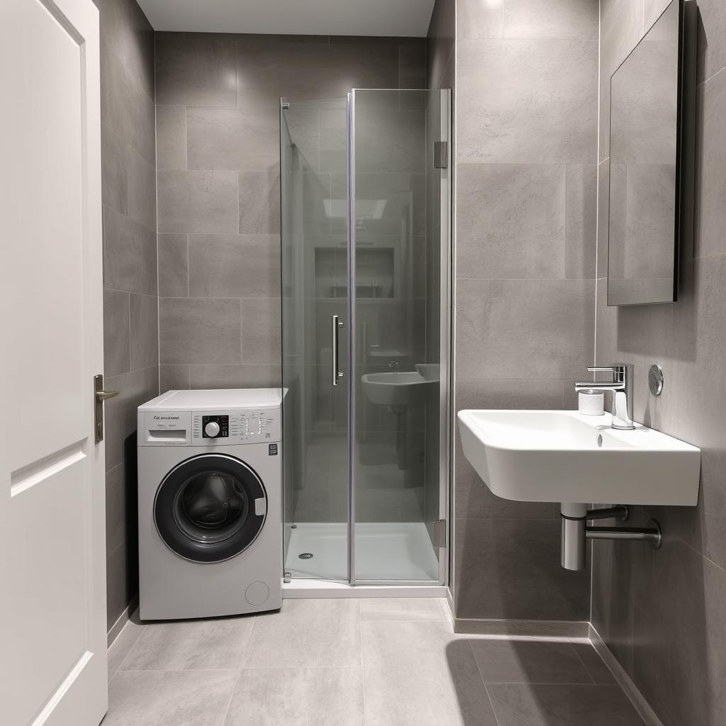 A compact bathroom featuring a shower and a large sink, equipped with a washing machine but no toilet