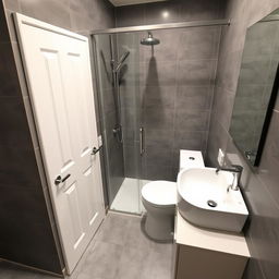 A compact bathroom featuring a shower and a large sink, equipped with a washing machine but no toilet