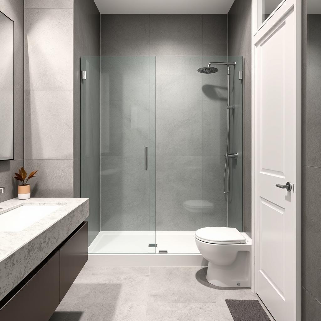 A small bathroom featuring a shower and a large sink