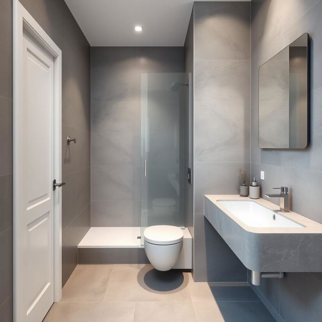 A small bathroom featuring a shower and a large sink, without a toilet